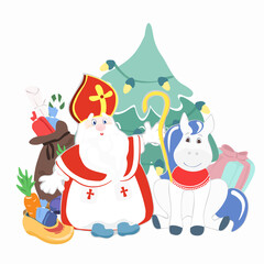 Dutch holiday Sinterklaas . Cute Saint Nicholas cartoon character. Symbol of the traditional holiday on December 6 in the Netherlands. holiday postcard. Imitation of a pencil drawing. Copy space