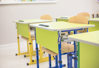 School class with school desks and blackboards in ukraine high school