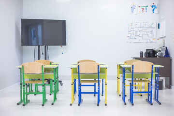School class with school desks and blackboards in ukraine high school