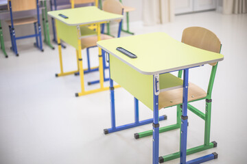 School class with school desks and blackboards in ukraine high school