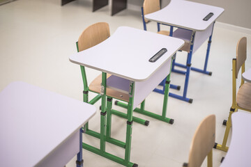 School class with school desks and blackboards in ukraine high school