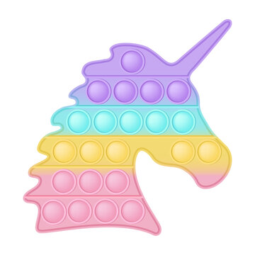 Set of popit unicorn in style a fashionable silicon fidget toys. Addictive antistress toy in pastel colors. Bubble sensory developing pop it for kids fingers. Isolated vector illustration.