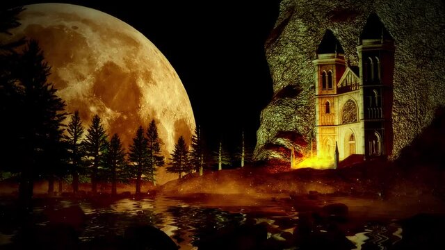 Animated 3d render of full moon behind the trees and sea with big house in the sea shore .4K Loop features the silhouette of a haunted mansion with a full moon.Halloween Haunted Mansion.