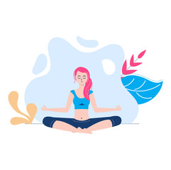 Woman relax spending time, female character meditation yoga practice, concept spiritual reflection cartoon vector illustration, isolated on white.