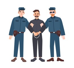 Two policemen in uniform holding male criminal or prisoner in handcuffs. Arrested man escorted by pair of police officers. Flat cartoon characters isolated on white background. Vector illustration