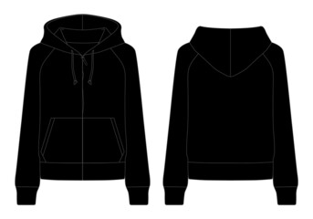 Black Hooded Jacket With Two Pocket Template Vector On White Background.Front and Back View.