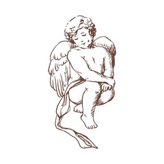 Elegant drawing of lovely sitting Cupid isolated on white background. Little angel, god or deity of romantic love, mythological character with wings. Hand drawn monochrome vector illustration.