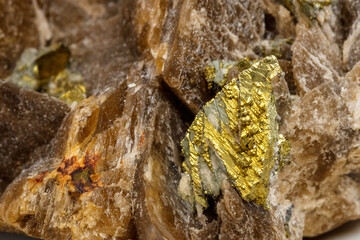 Macro mineral stone Barit Pyrit on a white background