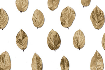 Gold leaves on white background. Flat lay, top view minimal concept.