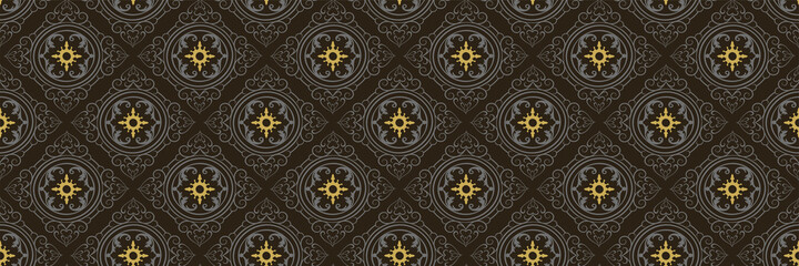 Background image with ornate ornaments on black background for your design. Seamless background for wallpaper, textures. Vector illustration.
