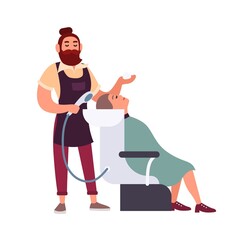 Bearded male hipster hairdresser or stylist washing with shampoo hair of his cheerful female client sitting in chair isolated on white background. Colored vector illustration in flat cartoon style.