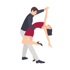 Beautiful pair of woman in red dress and elegant man dancing salsa. Young dancers demonstrating spectacular steps of passionate Latino dance. Colorful vector illustration in flat cartoon style.