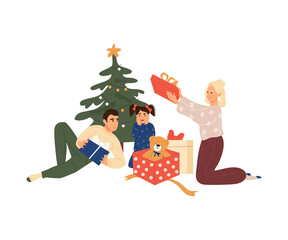 Happy family opens gifts under the tree. New Year and Christmas. Isolated on a white background.