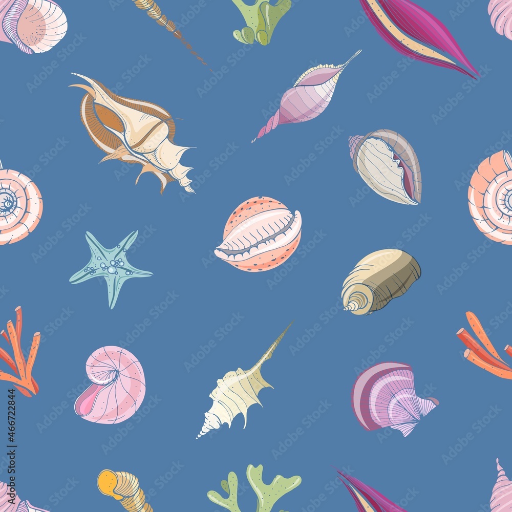 Poster elegant seamless pattern with seashells or shells of molluscs on blue background. backdrop with sea 