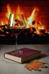 Glass Of Red Wine on Book and Fireplace in Background