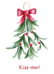 Watercolor christmas mistletoe branch