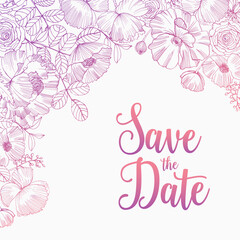 Save The Date card square template decorated with elegant blooming garden flowers, inflorescences, leaves and buds hand drawn with pink contour lines on white background. Natural vector illustration.