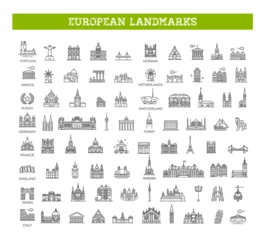 Fotobehang Simple linear Vector icon set representing global tourist european landmarks and travel destinations for vacations. © tettygreen
