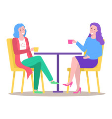 Girlfriend sitting together in cafe drink tea and coffee beverage, woman relax cafeteria table cartoon vector illustration, isolated on white.