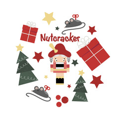 Vector greeting card with Nutcracker, christmas tree with gifts, stars and mouse toy isolated on white background for cute postcard, logo, invitation