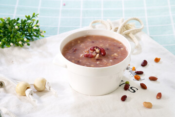  Close-up of eight treasure congee with red beans, peanuts; healthy porridge