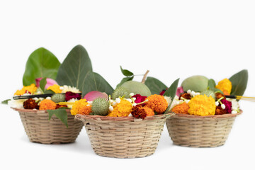 Bamboo Basket With Multi Flowers like Marigold Genda, Gulab, Jasmine Beli, Lotus Kamal, Wood Apple Bel Or Bael, Banyan Leaves Vat Bargad Patte, Thornapples Dhatura Or Datura, Belpatra For Shivaratri