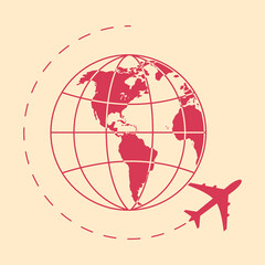 Airplane fly around the planet Earth. Travelling by air concept. Flat style illustration. 