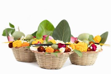 Bamboo Basket With Multi Flowers like Marigold Genda, Gulab, Jasmine Beli, Lotus Kamal, Wood Apple...