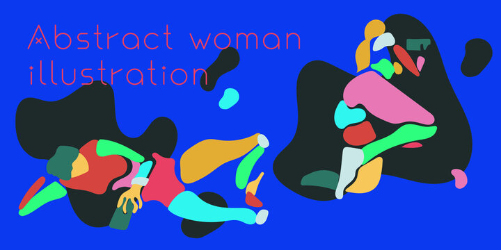 Abstract woman holding smart phone. Naked surreal body illustration. Avant-garde abstract female body. Minimalist silhouette girl. Colored extraordinary flat vector artwork. Young women are laying.