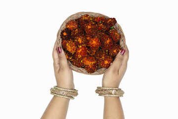 Hands Of Girl In Bangles Chhodi Holding French Bounty Marigold Flowers With Golden Flames, Genda...