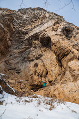 Ust Katavskaya Cave on the Katav River, Southern Ural Russia. Maryin Rock cliff in winter. Hapov ridge in the snow