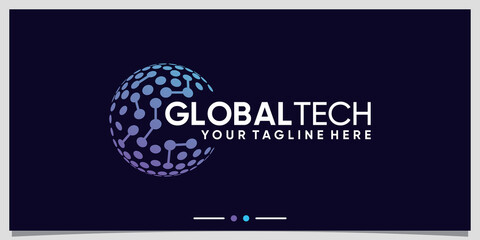 Global tech logo design inspiration with line art and dot style Premium Vector