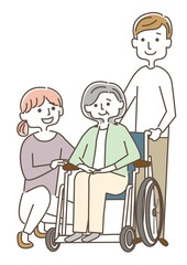 車椅子のおばあさんと家族