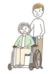 車椅子のおばあさんと介護をする男性