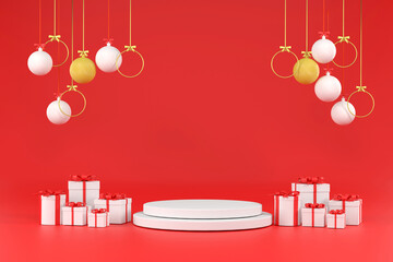 White Christmas ball, gift box and golden ring at Christmas festival on a red background.