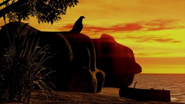 Animation 3d rendering of eagle comes and sits in the rock near sea with orange clouds in the background.