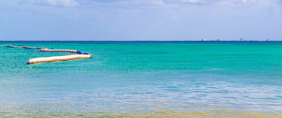 Seaweed Sargazo net in turquoise water Playa del Carmen Mexico.