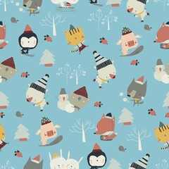 Seamless Pattern of Cute Animals playing Winter Games in the Forest