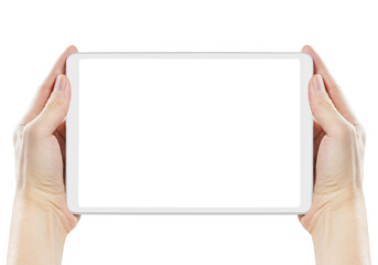 White tablet computer in hands, isolated on white background