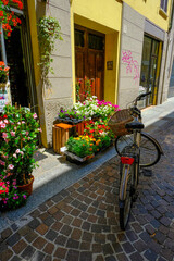 Fototapeta na wymiar bicycle in front of a house. bicycle with basket in the street near the flowers shop. European streets. Parma, Italy, Travel, vertical