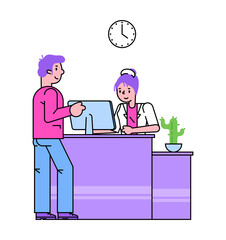Dialogue male patient talk with doctor nurse cashier, doctor appointment line flat vector illustration, isolated on white.