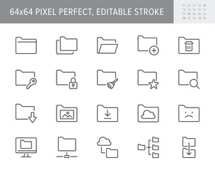 Folder line icons. Vector illustration include icon - file, copy, erase, download, network, lock, document, browse outline pictogram for computer catalog. 64x64 Pixel Perfect, Editable Stroke