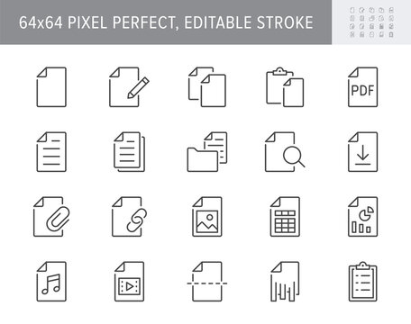 File line icons. Vector illustration include icon - paper, pdf, pen, document, checklist, page, image, sheet, copy, photo outline pictogram for web attachment. 64x64 Pixel Perfect, Editable Stroke