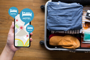Holiday or travel concepts with person choosing hotel on location map.comfortable lifestyle