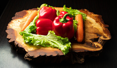 Bulgarian pepper lettuce leaves and carrots on a wooden part-time