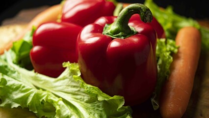 Bulgarian pepper lettuce leaves and carrots on a wooden part-time