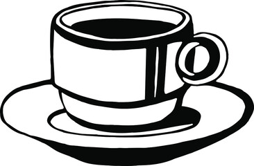 Cup of coffee on a plate. Black vector hand drawn