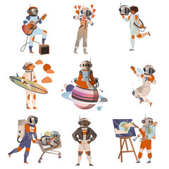Spaceman or Astronaut in Space Suit on the Moon Playing Guitar and Painting Vector Set