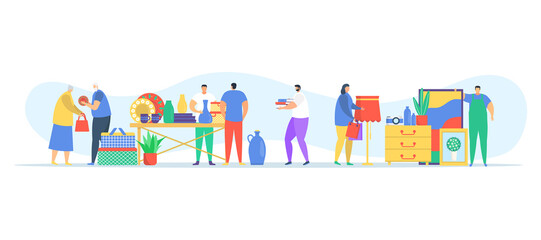 Urban marketplace concept, street bazaar with ancient things, technical stuff and clothing cartoon vector illustration, isolated on white.