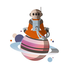 Spaceman or Astronaut Man Character in Space Suit on the Moon Meditating in Yoga Pose Vector Illustration